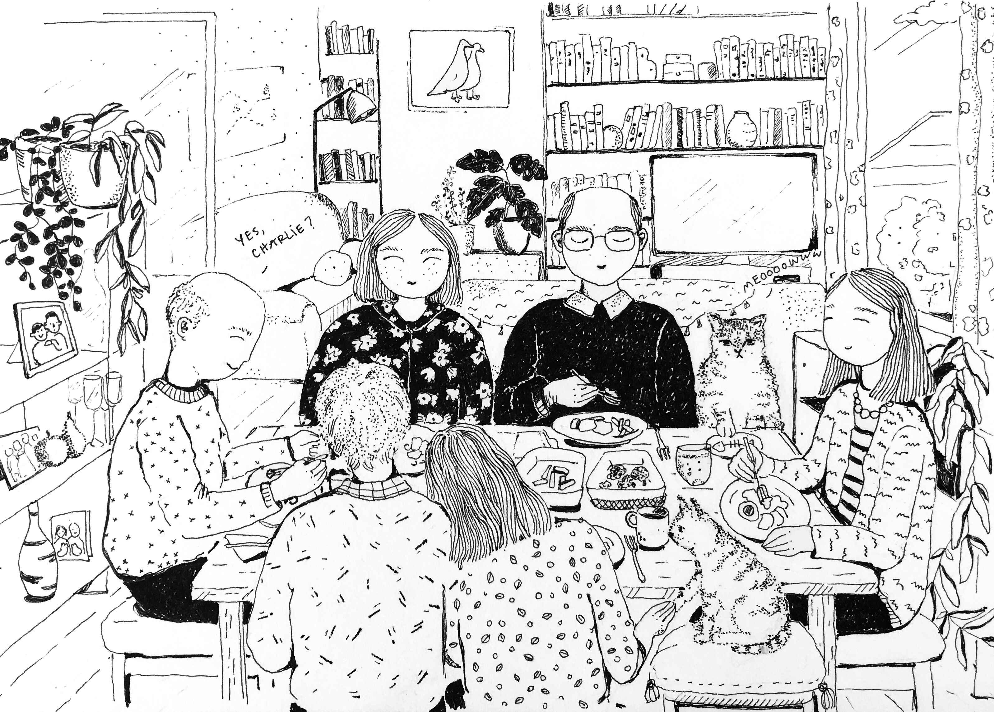 family eating lunch illustration Eliza Brown illustrator elizadrawstheline eliza lucescu