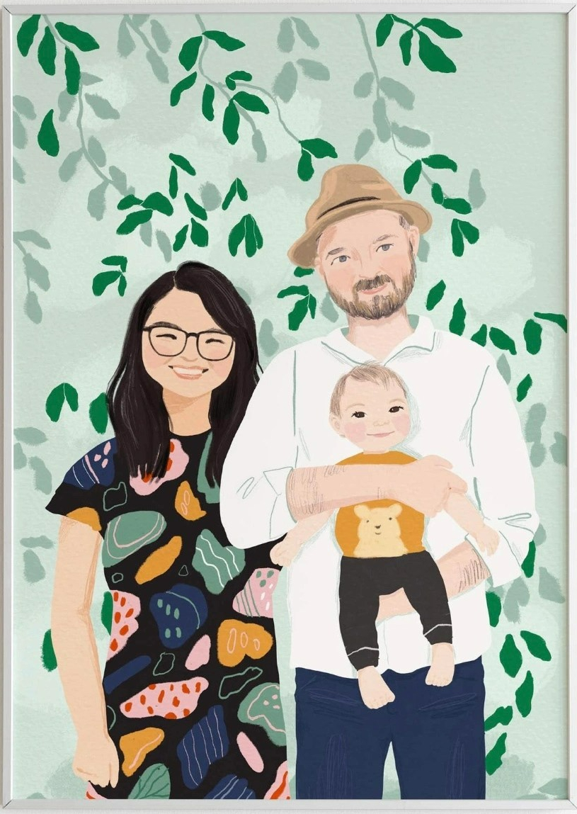 Custom portrait of a couple and their 1 year old baby